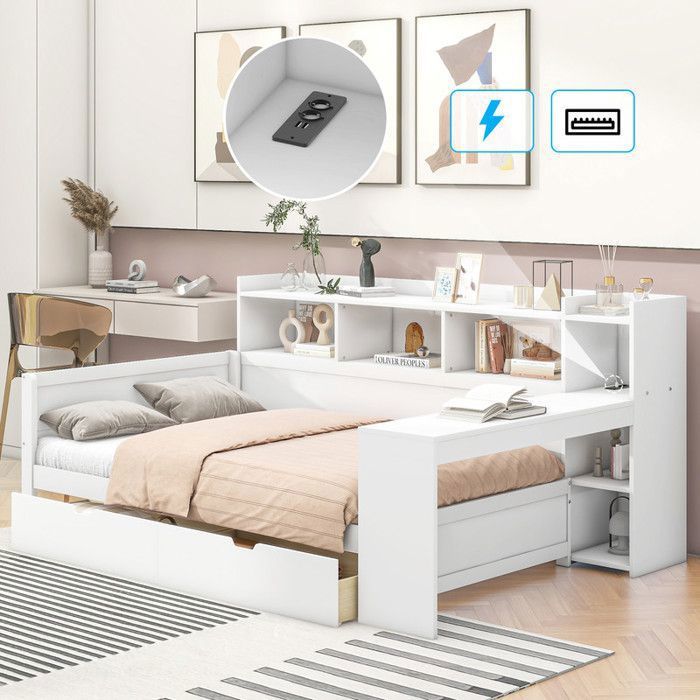 O.Ye Canapé-Lit Enfant 90 x 200 cm avec Tete de Lit Lit 1 Personne avec Prise Électrique et Port Usb 2 Tiroirs Burea LIT COMBINE
