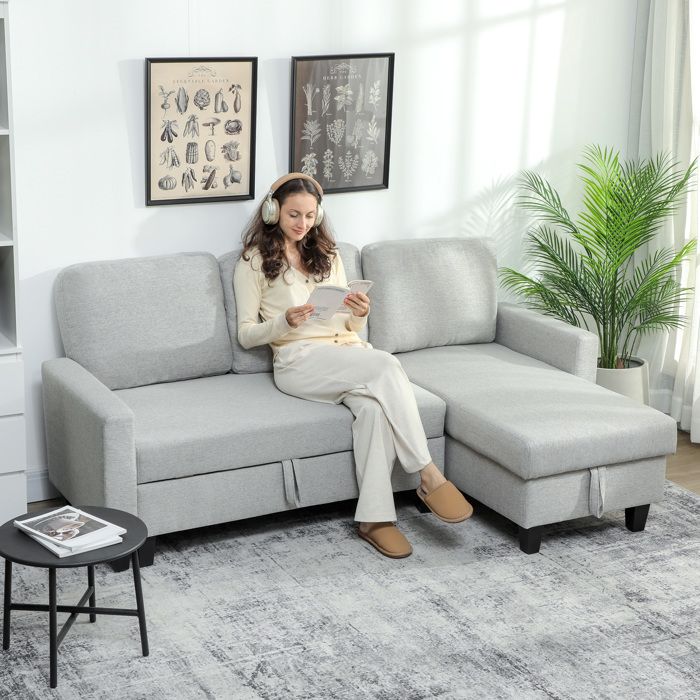 Canapé D'angle Convertible Avec LED Et Pouf Amovible - Tissu Velours Côtelé Gris Antique - Siège Cloud Ultra-confort - 3 Places + Méridienne Modulable