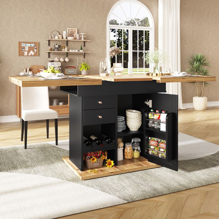 Table à Manger Télescopique - Table à Manger Extensible - Rangement Polyvalent - Troirs et Porte - 110-140x80x75cm - Noir