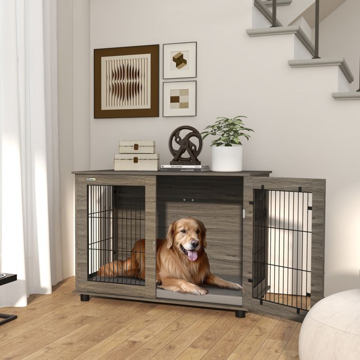 Comparer les prix de Cage pour chien 2 en 1 table dappoint avec coussin en peluche déhoussable porte verrouillable 100 x 60 x 735 cm gris