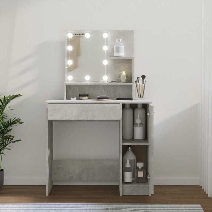 Coiffeuse avec LED - vidaXL - Gris béton - 86 5x35x136 cm - Bois dingénierie - Ampoules LED USB - Étagères ouvertes