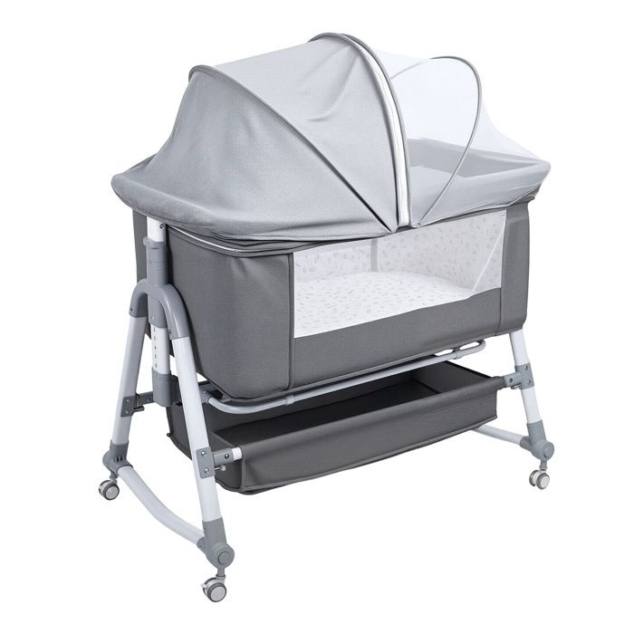 FLASIDU Lit Bébé 3 en 1 Lit Bébé Cododo avec roues Avec panier de rangement moustiquaire hauteur réglable 102*95*57cm Gris