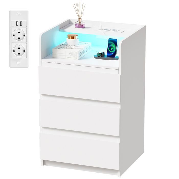 Table de Chevet (1 pièce) 40×35×68cm 3 Tiroirs 2 USB Ports et 2 Prises LED Réglable Moderne Scandinave Blanc
