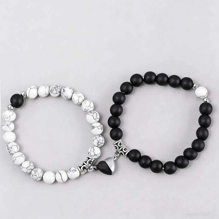 Bracelets couple-2 Blanc+Noir -Magnétiques extensibles pierre naturelle perles cœur pour amoureux distance-Bracelets Aucunely