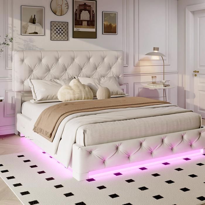 Lit Coffre 160x200 cm Tissu Effet Lin Blanc Cassé Tête de Lit LED Sommier à Lattes Ouverture Hydraulique Rangement