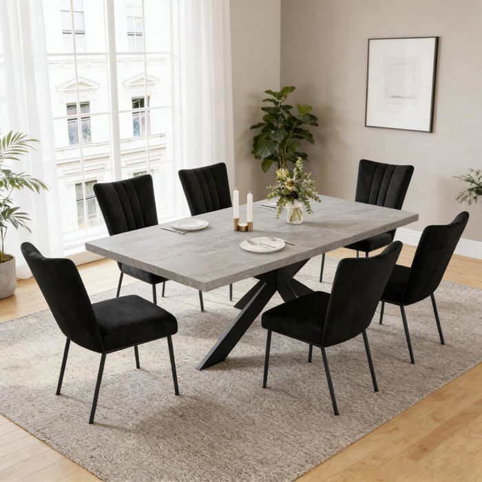 JIEXI Ensemble table de salle à manger extensible avec 6 chaises chaises rembourrées en flanelle noire pour cuisine