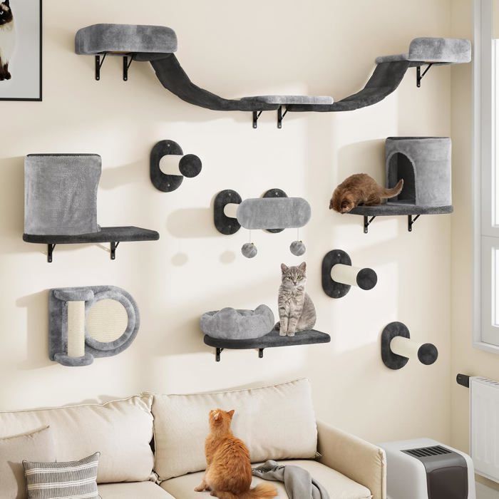 Ensemble Mural dEscalade Robuste 11 Pièces en Flanelle - Maison Griffoir Pont Suspendu Lit Colonne Sisal - Pour Chat