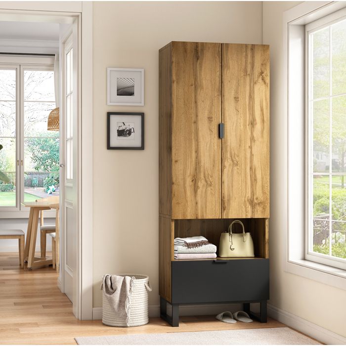 Armoire d’entrée bois naturel et noir L 65 x P 38 x H 180 cm penderie 1 tiroir étagères réglables