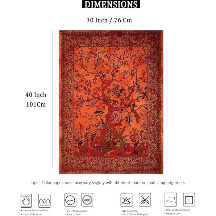 Tapisserie murale orange arbre de vie - Tapisserie psychédélique - En coton indien - Double 100L x 75l cm Orange