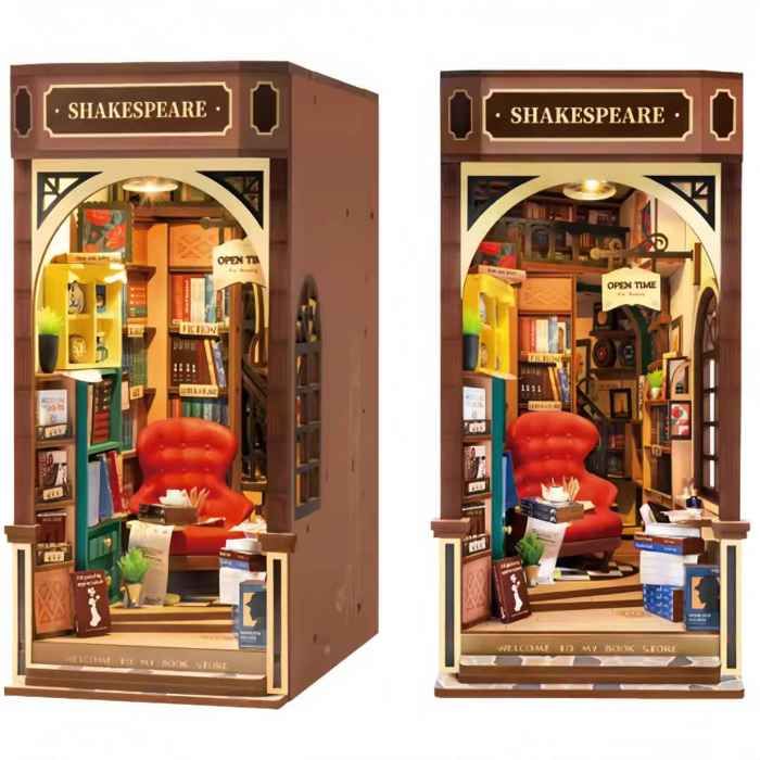 Book nook bibliothèque DIY en bois puzzle 3D 194 pièces avec fauteuil rouge