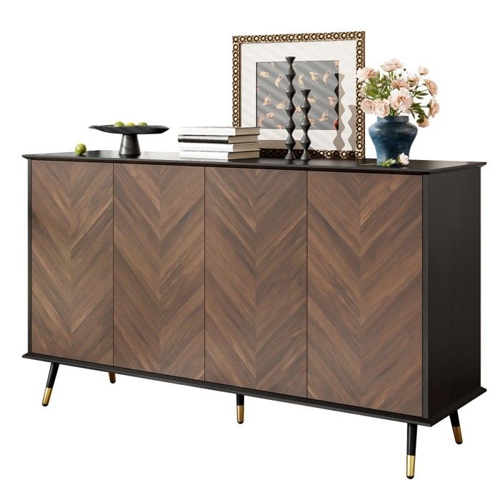 Buffet Bahut Noir Marron 140x40x80cmstructure MDF Pieds Métal4 Portes Étagères Réglablesrangement Salon Entrée Et Salle À Manger
