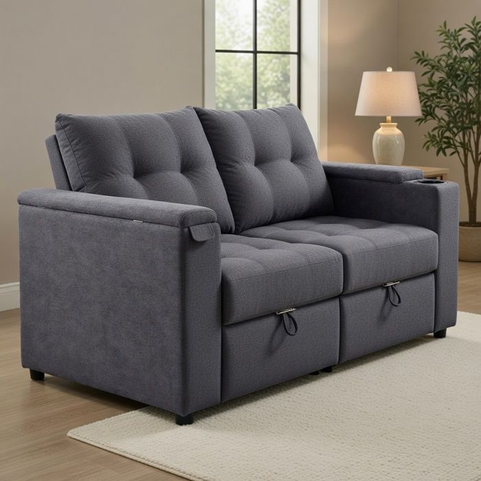 Canapé-lit 3-en-1 1405x74x82 cm dossier réglable USB 2 places lounge lit de jour table escamotable porte-gobelets gris