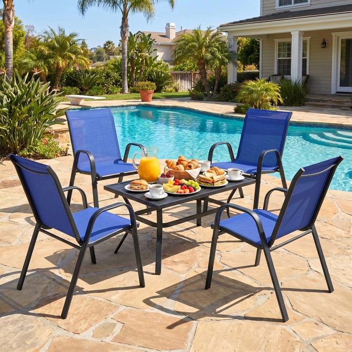 Chaise de jardin - CRESTA - Lot de 4 - Empilables - Structure métal robuste - Bleu 56 x 70 x 84 cm Chaise de jardin - CRESTA - Lot de 4 - Empilables - Structure métal robuste - Bleu 56 x 70 x 84 cm