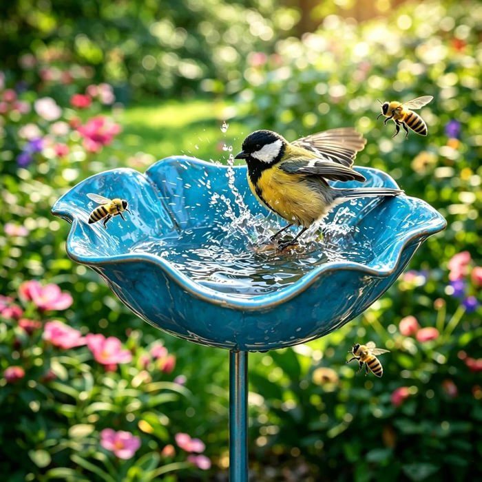 Bain doiseaux abreuvoir abeilles en métal bleu – motif fleur résistant intempéries décoration artisanale élégante pour jardin