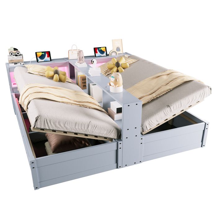 VLIVRA Lit Combiné 90×200 cm et 180×200 cm Lit Double - coffre prises LED et rangements - sans matelas - gris