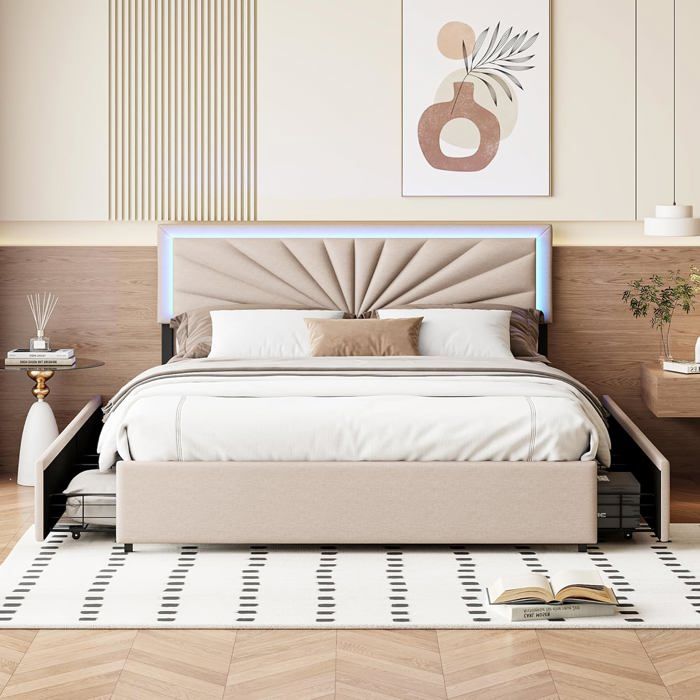 Lit Coffre 160x200 avec 4 tiroirs lit double avec LED tête réglable cadre à lattes lin beige sans matelas