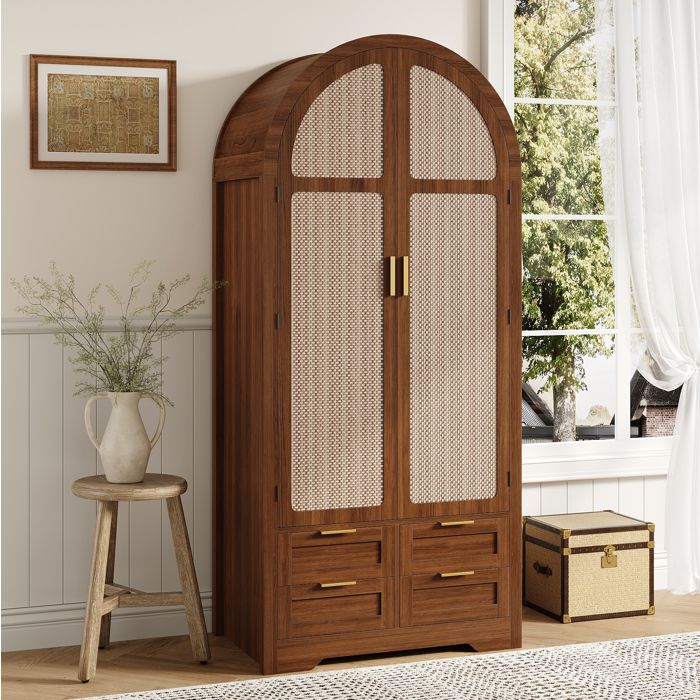 Armoire moderne en MDF couleur noyer avec portes arrondies tringle étagères et 4 tiroirs 80 x 50 x 179 cm