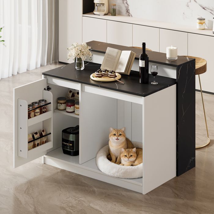 Ilot central de Cuisine 120x80 cm – Espace chien intégré - plan de travail marbre noir – Bar et table – MDF - Blanc