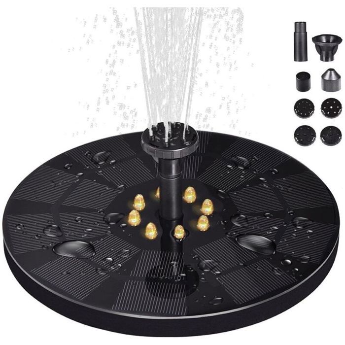 Fontaine solaire – 3W avec LED et 8 buses – pour bain doiseaux jardin – Noir