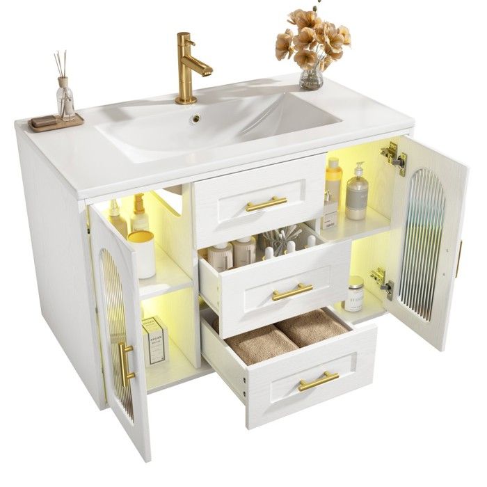 Meuble Lavabo Mural Blanc 76x46x55cm Verre Cannelé LED Rangements Modulables Meuble Vasque Moderne Sans Robinet Salle De Bain
