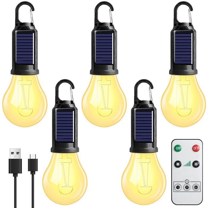 Lot de 5 lampes de camping rechargeables - LED solaires - Lampes de camping rechargeables - Avec mousqueton - Lampe de camping - L