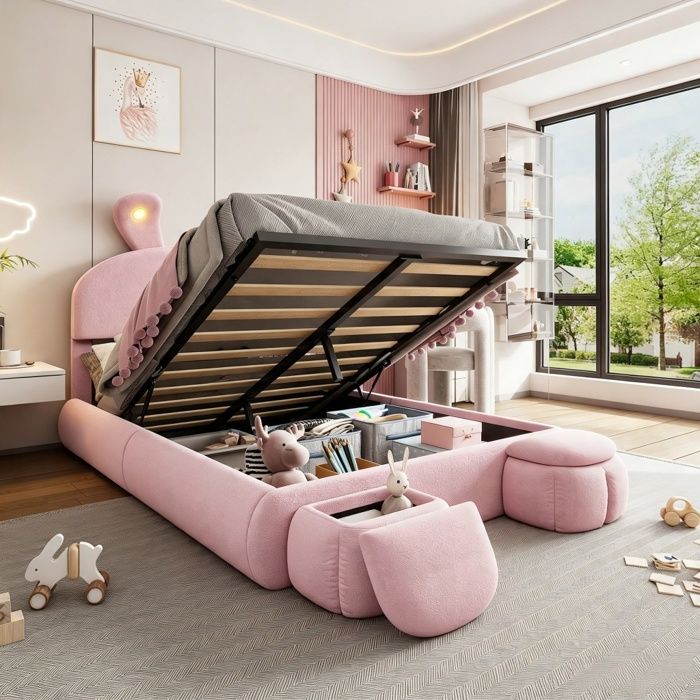 URTR Lit coffre double 140×200cm pour enfant - oreilles lapin - avec 2 tabourets de rangement - tissu velours - sans matelas - rose