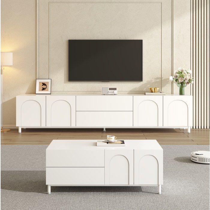 WOVREO Ensemble salon meuble TV et table basse blancs portes archees rangement ferme MDF et panneaux de particules