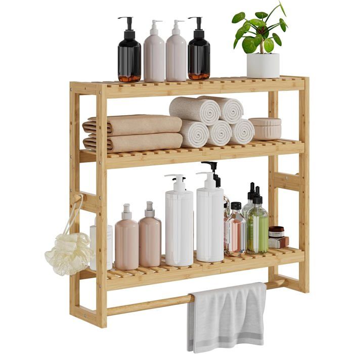 Étagère salle de bain bambou 3 niveaux - 15 x 59 x 54 cm beige fixation murale avec porte-serviettes et barre suspendue