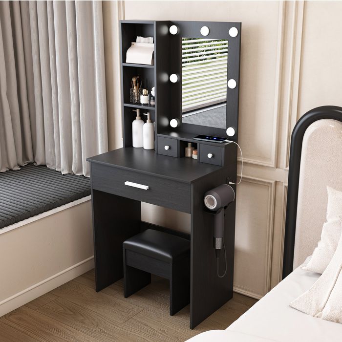 Coiffeuse miroir LED 3 modes avec prise électrique support sèche-cheveux 3 tiroirs et étagère ouverte MDF noir VEVXYN