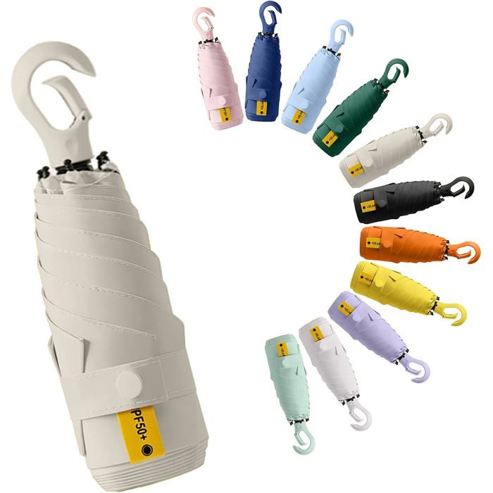 Mini parapluie de voyage pliant - Blanc laiteux - Poignée mousqueton - Protection UV UPF 50+