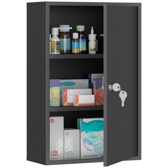 Armoire à pharmacie - kleankin - 2 étagères 3 niveaux verrouillable meuble rangement - métal - 40x18x60cm - noir Armoire à pharmacie - kleankin - 2 étagères 3 niveaux verrouillable meuble rangement - métal - 40x18x60cm - noir