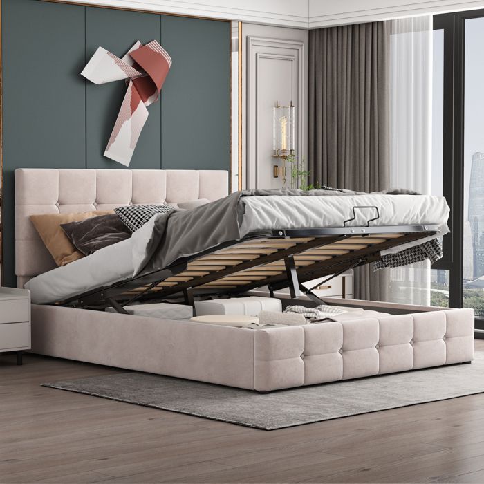 Lit double rembourré 140x200 cm en velours coloris blanc crème tête de lit coffre relevable sommier à lattes sans matelas