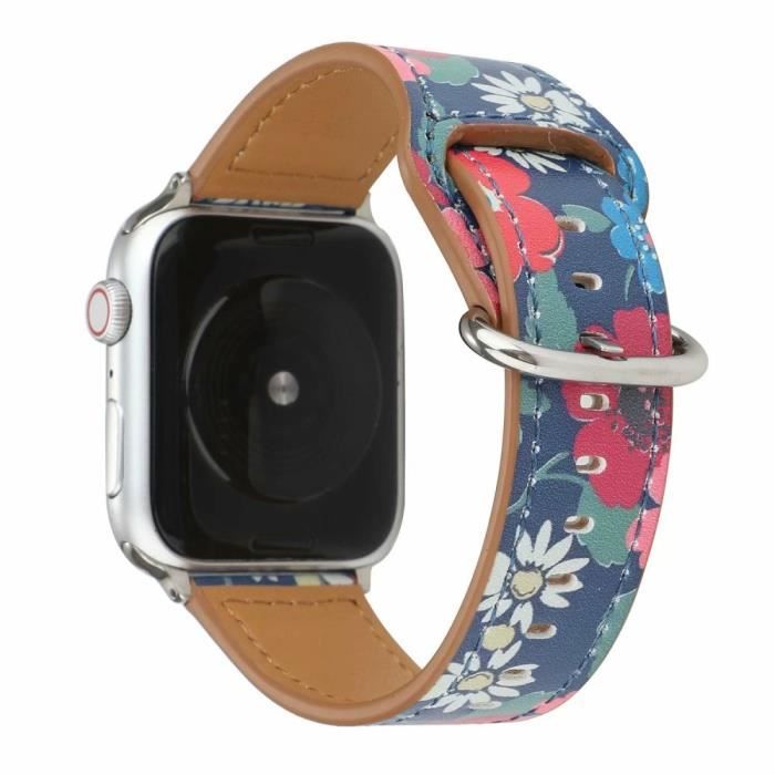 Bracelet Pour Montre Connectée Cuir Véritable Pour Apple Watch Series 6 Se 5 4 40Mm-Série 3 2 1 38Mm -Fleur Rouge