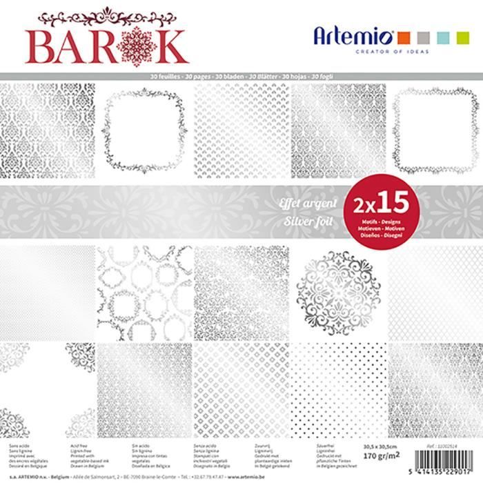 Bloc de 30 feuilles de papier scrapbooking 30x30 cm 'Barok foil argent' d'Artemio