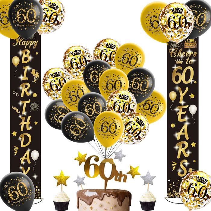 SZHUIHER Noir et Or 60e Anniversaire décorations bannière Ballon numéro 60 Ballons d'anniversaire 60 Ans Anniversaire décoration Fournitures bannière Joyeux Anniversaire 60e numéro Or Ballons 