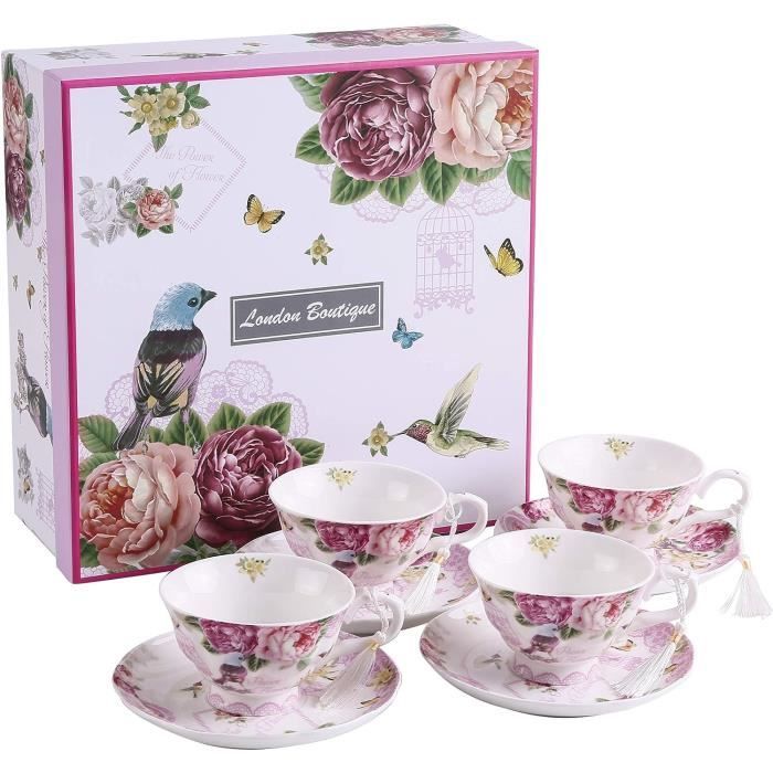 Ensemble de 4 tasses à café avec sous tasses en porcelaine à décor de fleurs en dorure - Arts de la table
