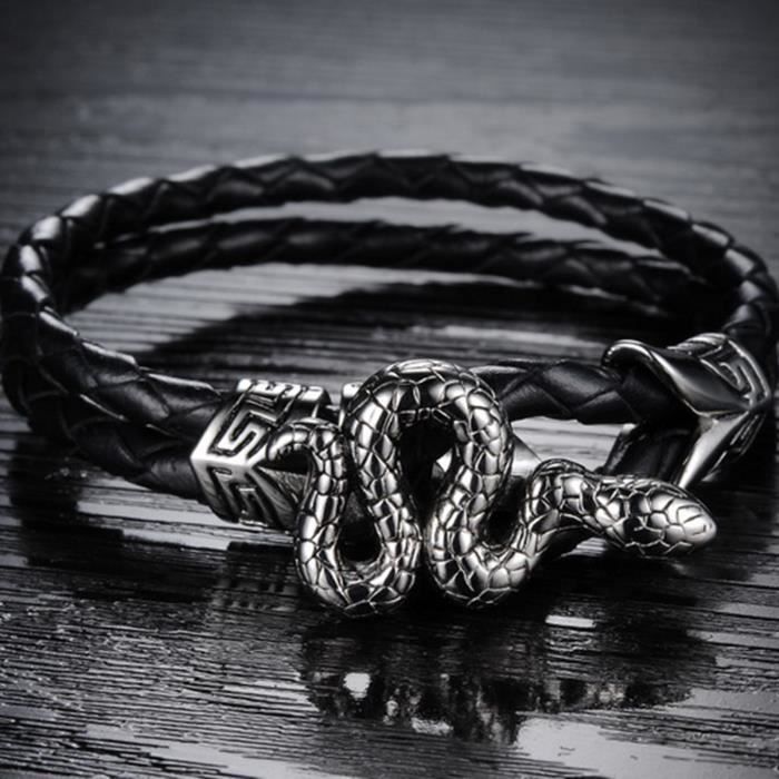 Bracelet Peau de Serpent Cuir Noir