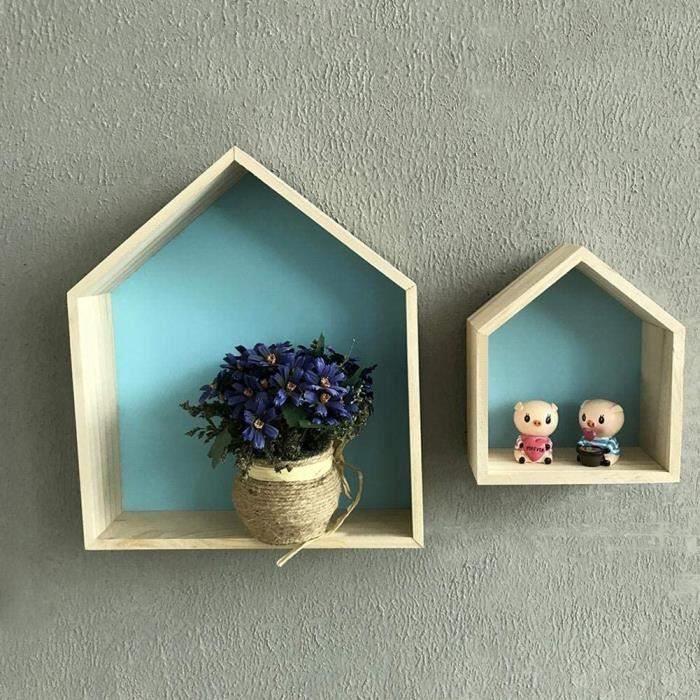 Boites De Rangement En Bois En Forme De Maison Pour Etageres Accrocher A Un Mur Decoration Pour Chambre D Enfant Lot De 2 Bleu Achat Vente Etagere Bibliotheque 4853255859017 Cdiscount