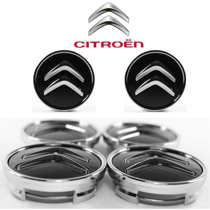 Lot de 4 Caches moyeux Centre de Roue Citroën Logo Chrome Fond Noir diamètre 60mm.