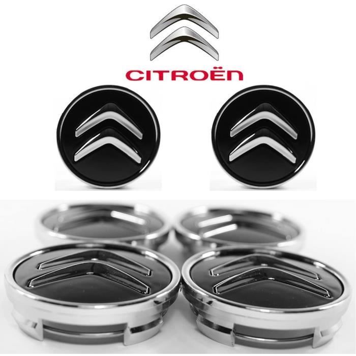 Lot de 4 Caches moyeux Centre de Roue Citroën Logo Chrome Fond Noir