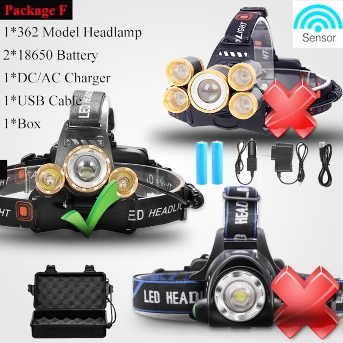 Lampe Frontale Yactus 8000 Lumens – 5 LED CREE, Zoom, Étanche + 2 Batteries 18650