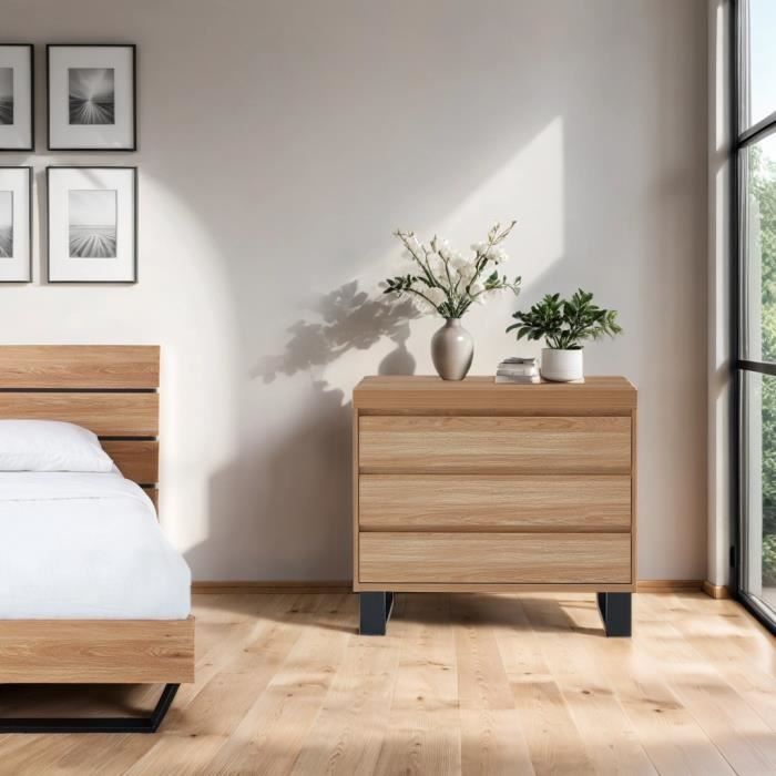 Ba&iuml;ta - Commode felix effet ch&ecirc;ne et m&eacute;tal noir 3 tiroirs - Bois