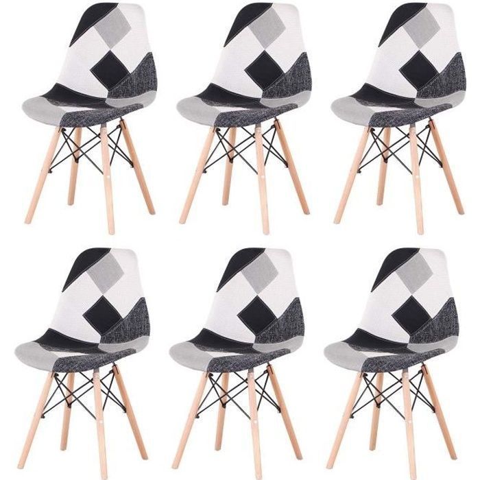 Lot de 6 chaises de salle a manger - Patchwork médiévales - Chaise en hêtre(noir et blanc et gris)