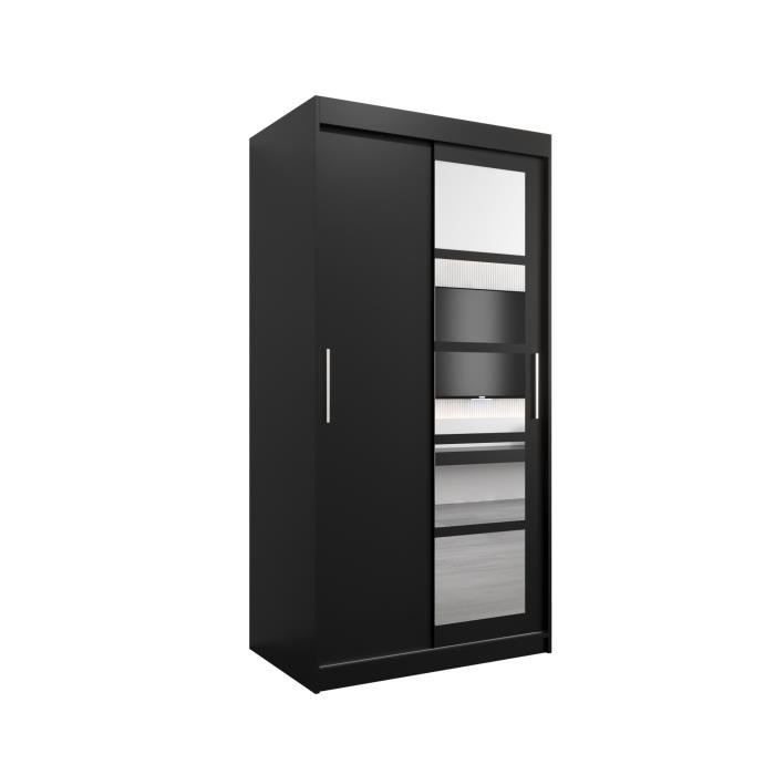 Armoire de Chambre VENEZIA Noir 100 avec 2 Portes Coulissantes et Miroir Penderie (Tringle) avec étagères Sans tiroirs