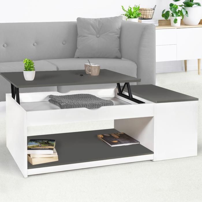 IDMARKET Table basse plateau relevable rectangulaire ELEA avec coffre bois blanc et gris IDMARKET Table basse plateau relevable rectangulaire ELEA avec coffre bois blanc et gris
