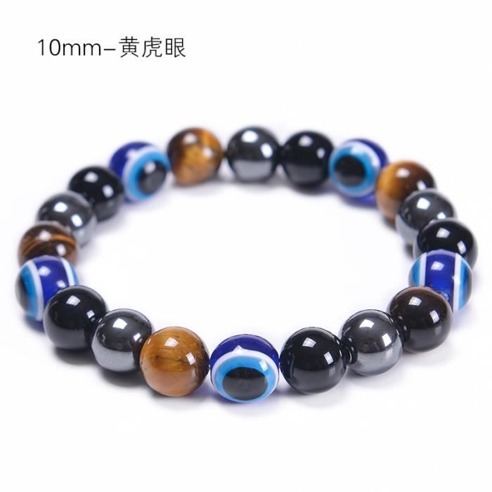 Bracelet Homme/Femme En Obsidienne & Oeil Du Tigre - Pierre Naturelle 10mm/12mm - Style Tête De Mort