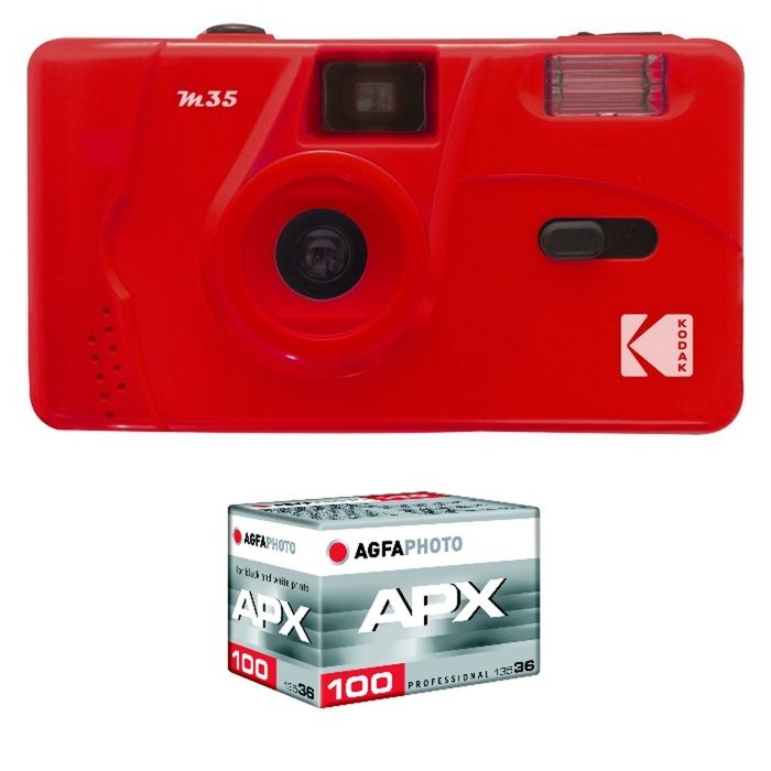 KODAK Pack M35 Argentique + Pellicule APX 100 36 poses - Appareil Photo Kodak Rechargeable 35mm Scarlet Objectif Grand Angle Fixe