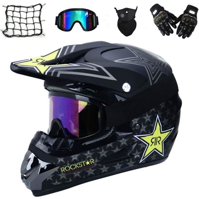 OLALI Casque Cross avec Gants/Lunettes/Masque/Filet à Elastique,  Noir/Rockstar, Casque Motocross Set Casque Moto VTT Integral Velo Q