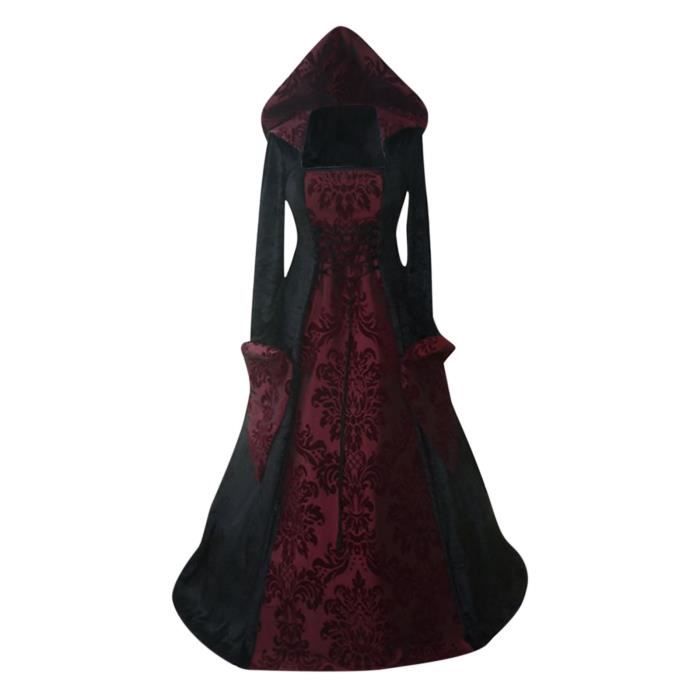 Sasaquoy Robe imprimée rétro littéraire pour femmes, manches longues, taille en dentelle, à capuche, grande balançoire rouge