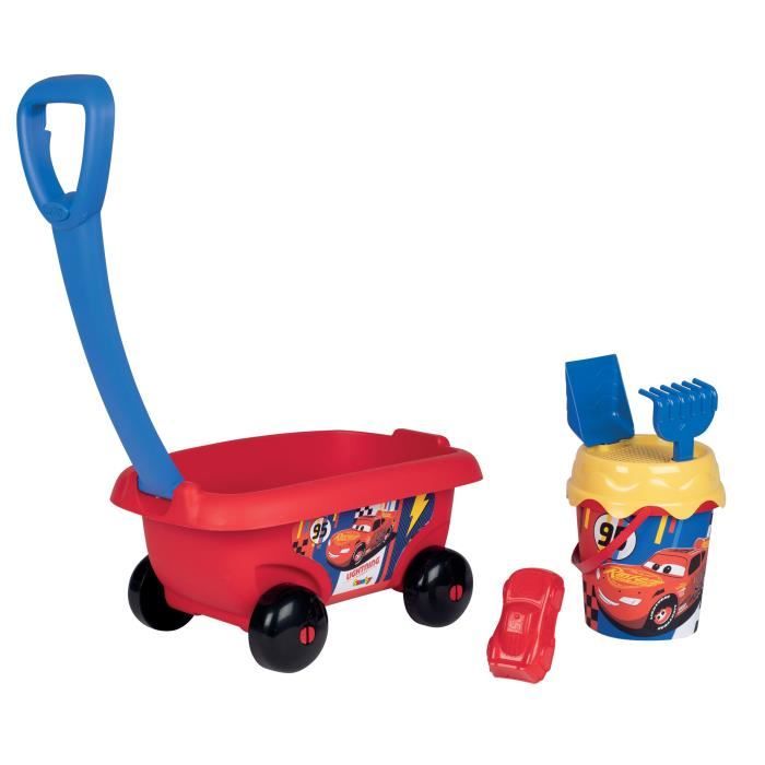 Chariot de plage garni Smoby Cars - seau, tamis, râteau, pelle, moule à sable